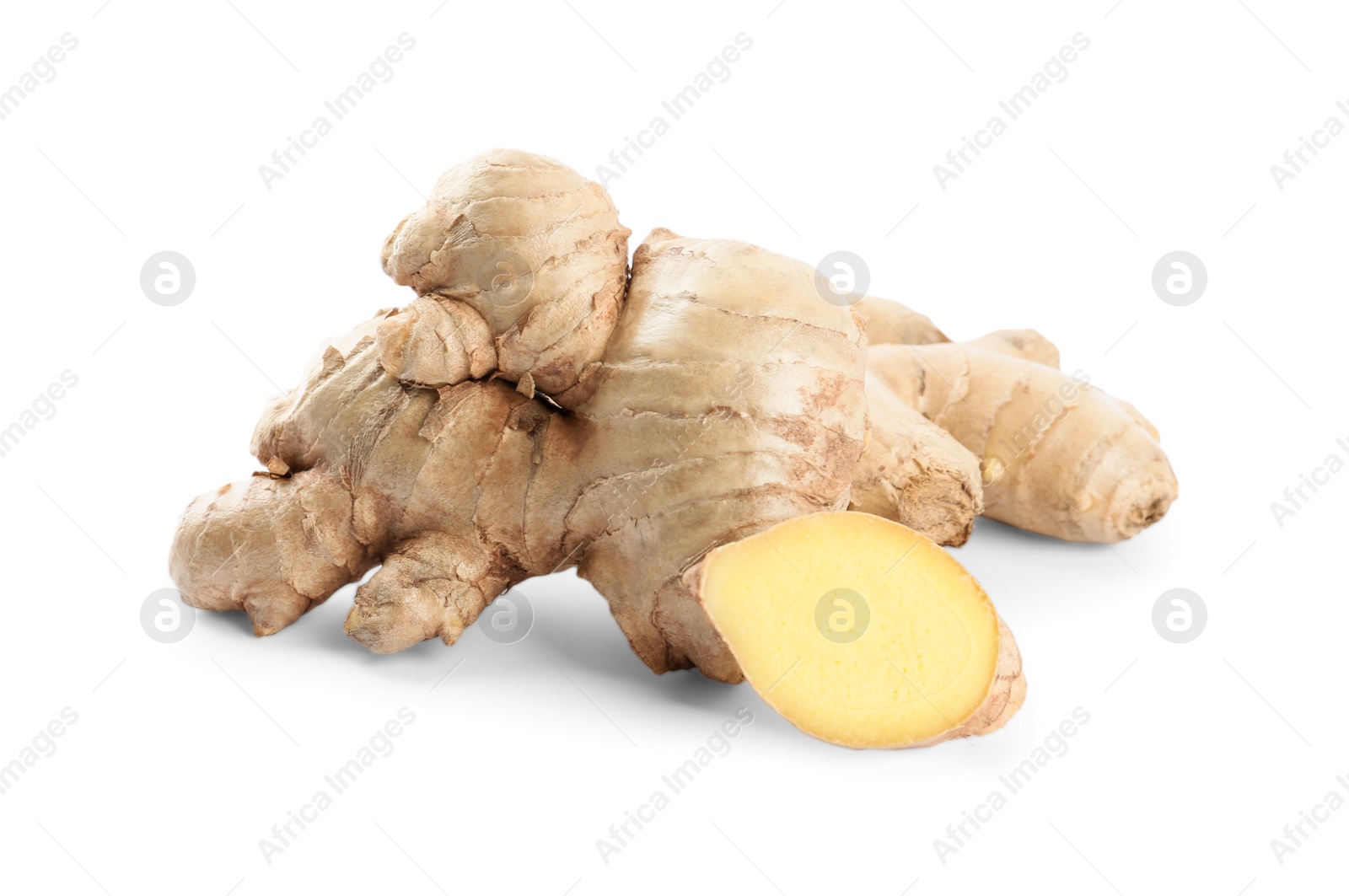 Photo of Whole and cut fresh ginger isolated on white