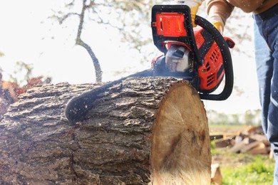 Man sawing wooden log on sunny day, closeup