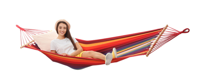 Photo of Woman resting in hammock on white background