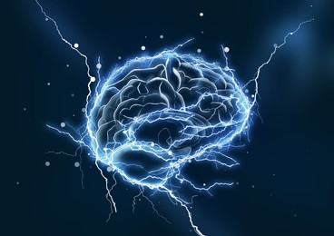 Illustration of  human brain with lightning strikes on dark blue background
