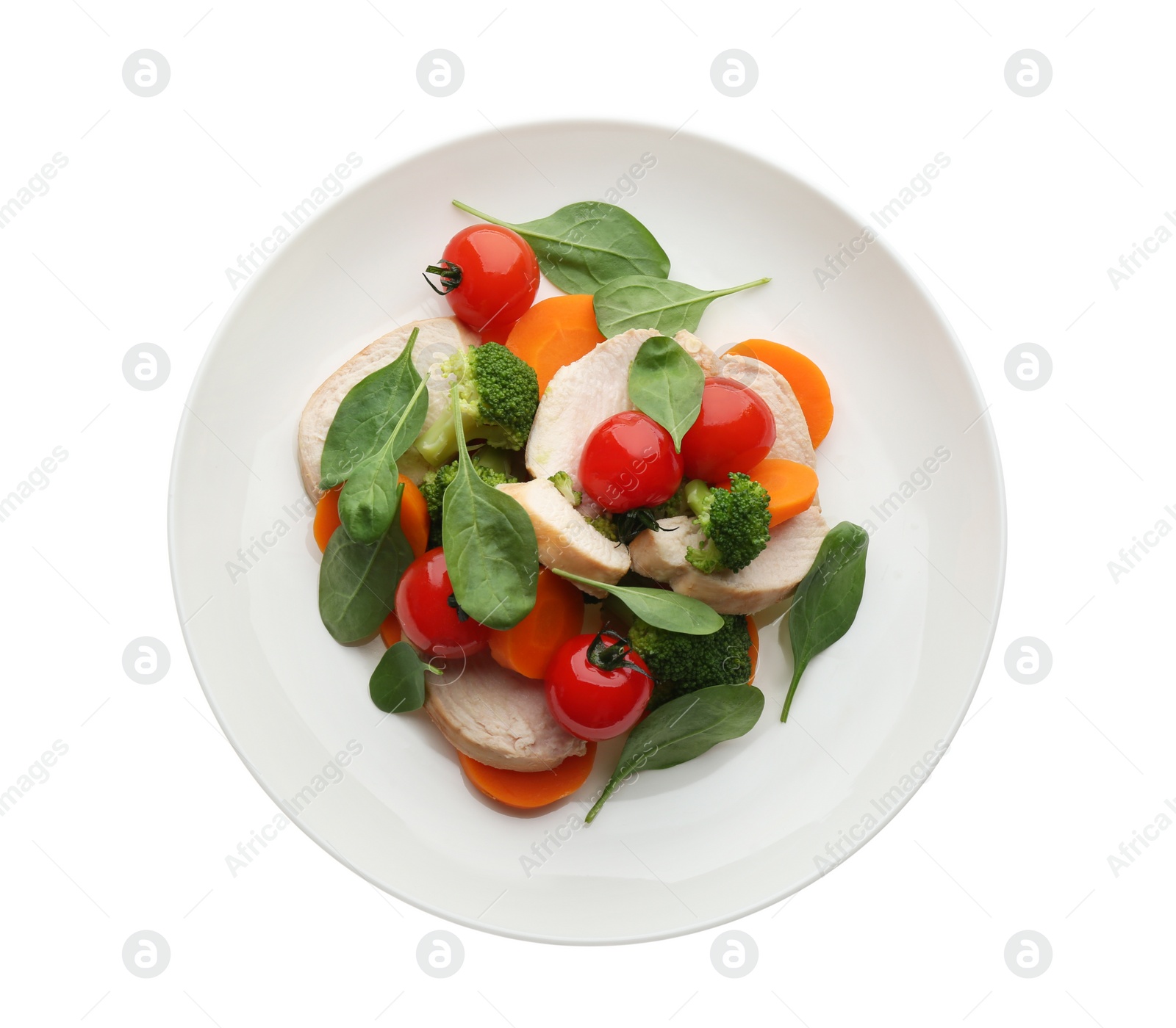 Photo of Delicious salad with chicken, vegetables and spinach on white background, top view