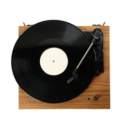 Photo of Modern turntable with vinyl record isolated on white, top view