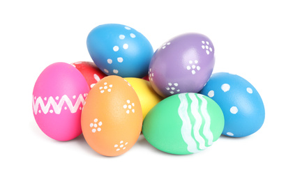 Photo of Colorful Easter eggs with different patterns isolated on white