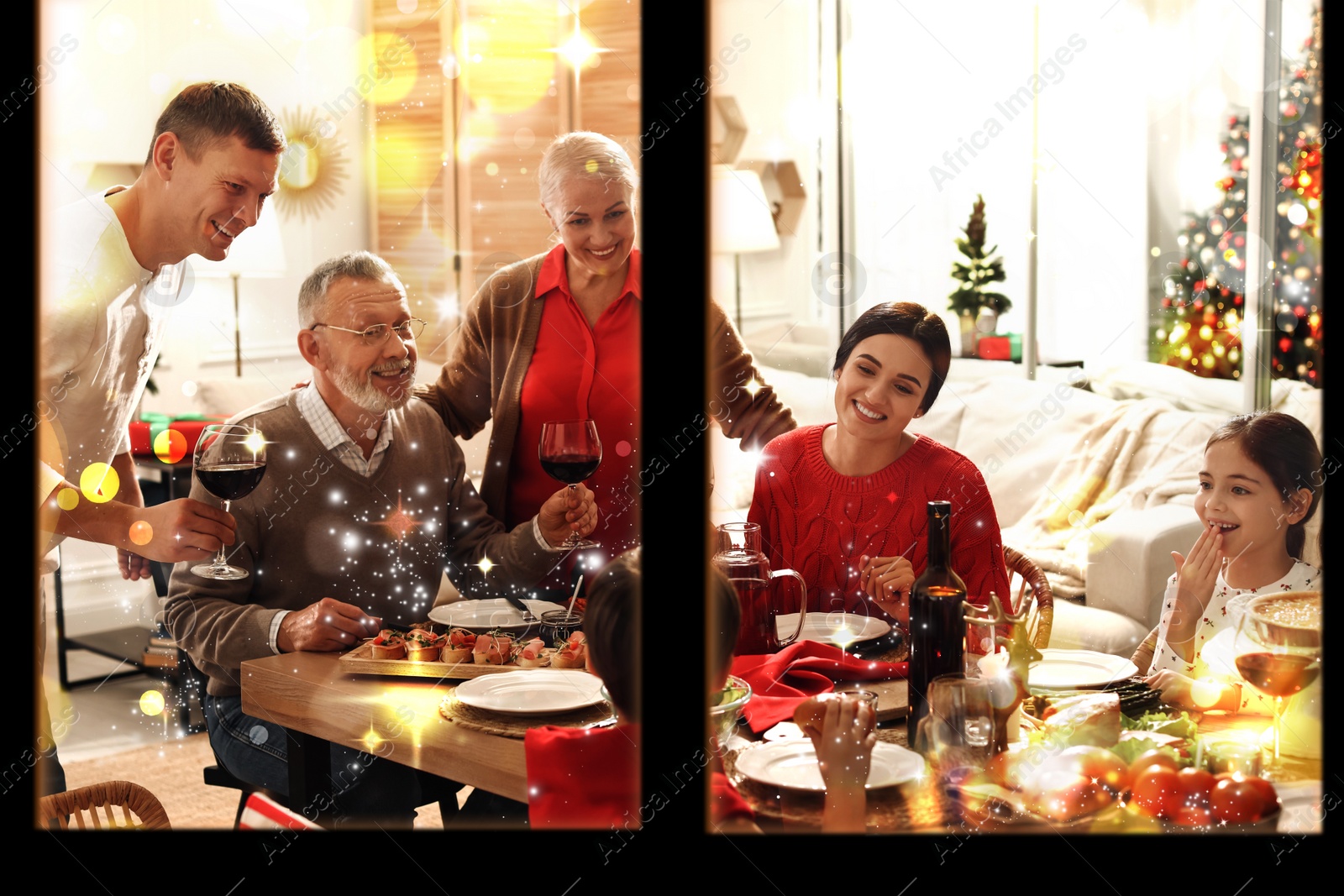 Image of Happy family enjoying festive dinner at home, view through window. Christmas celebration