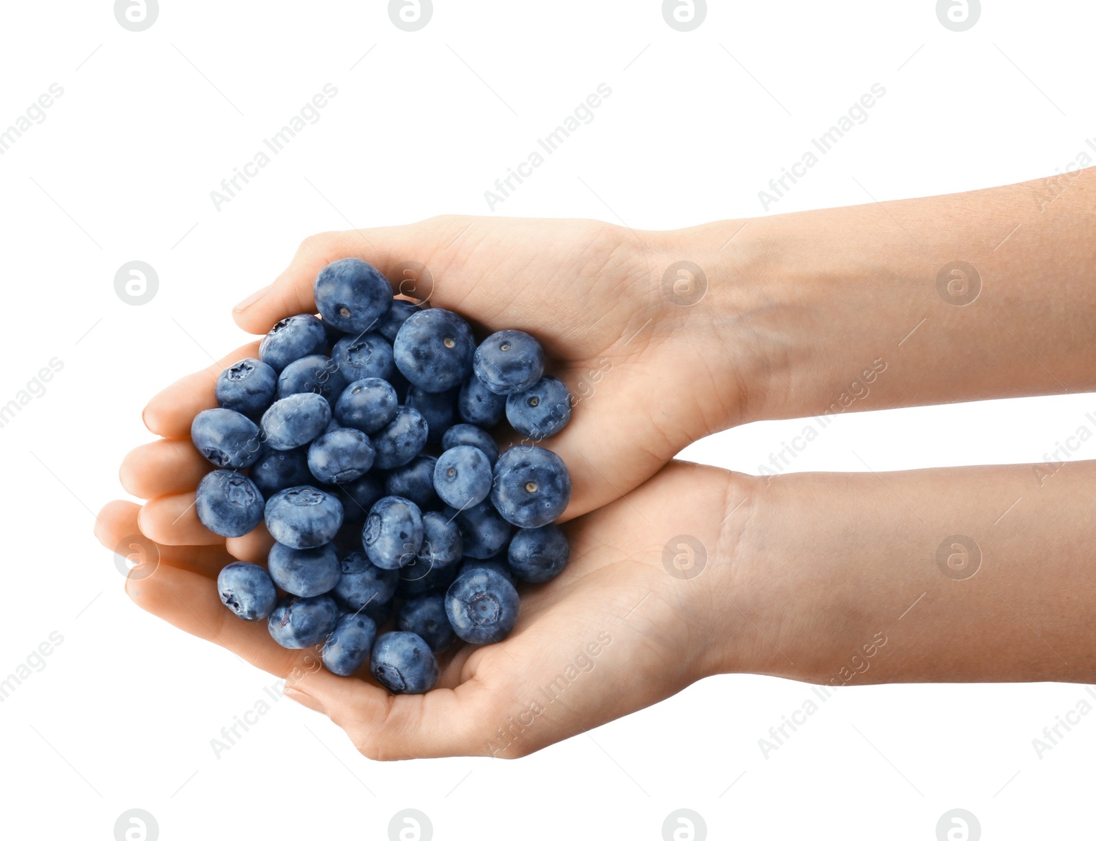 Photo of Woman holding fresh ripe blueberries on white background, closeup view