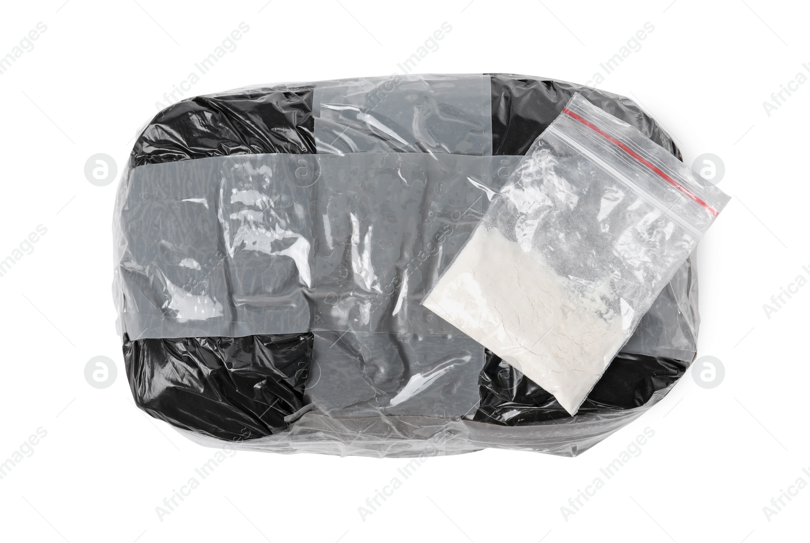 Photo of Packages with narcotics isolated on white, top view