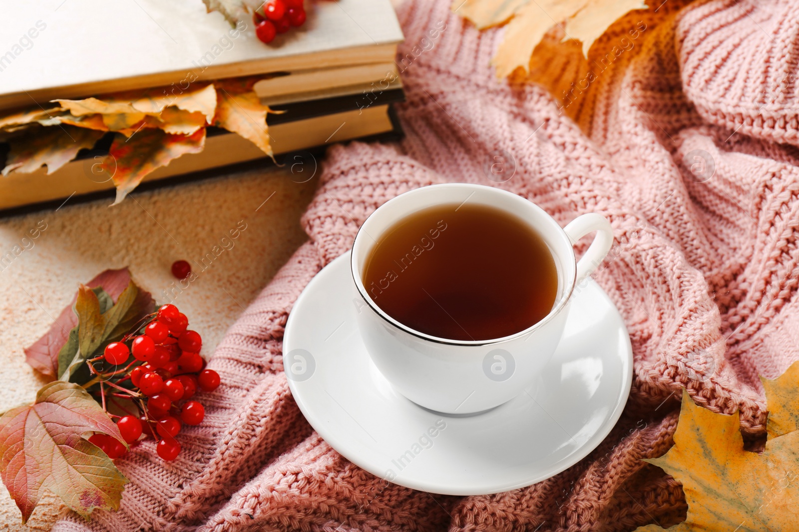 Photo of Cup of aromatic tea, soft pink sweater and viburnum on beige textured table, above view. Autumn atmosphere