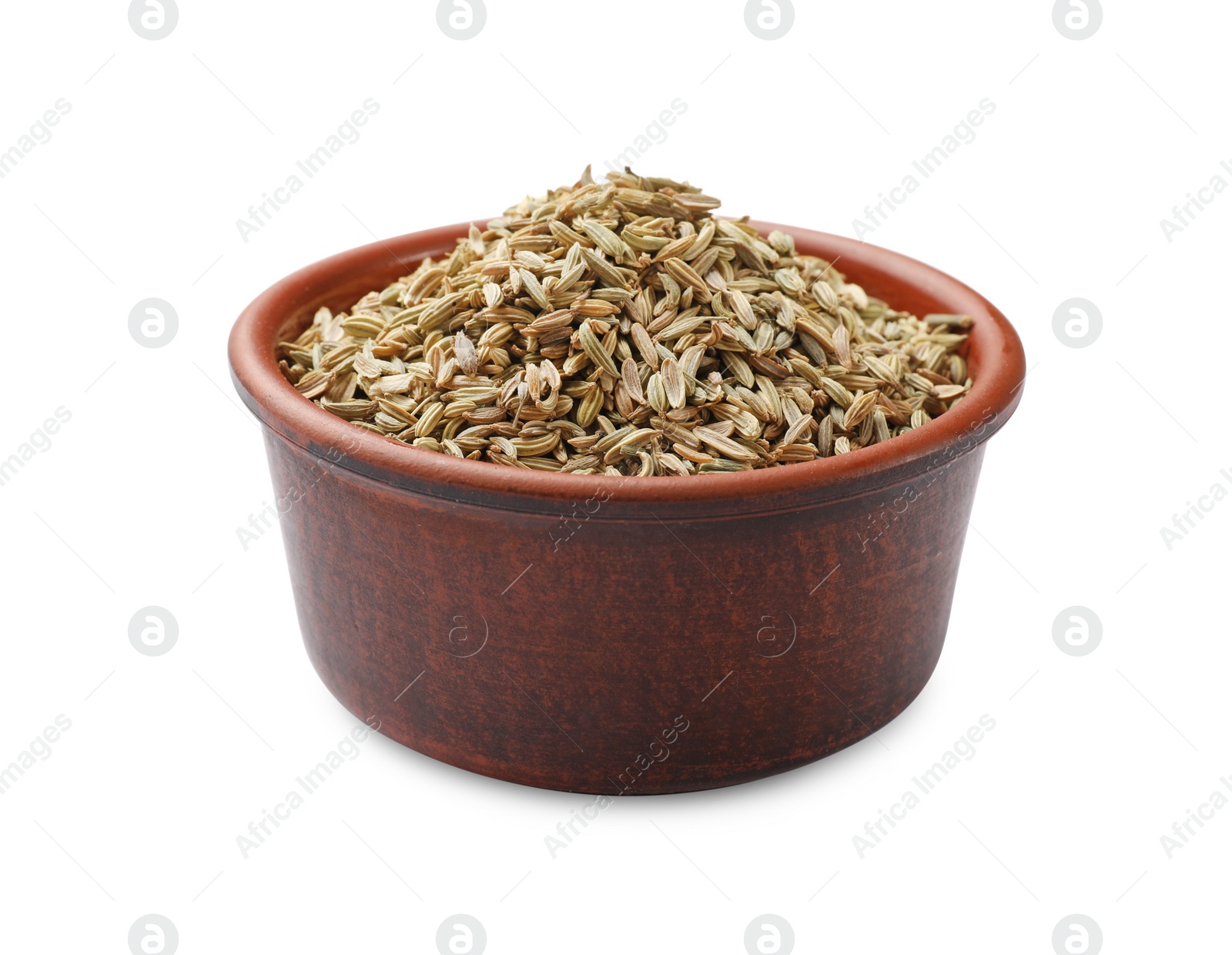 Photo of Dry fennel seeds in bowl isolated on white