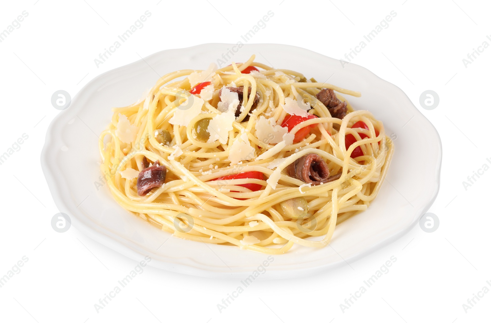 Photo of Plate of delicious pasta with anchovies, tomatoes and parmesan cheese isolated on white