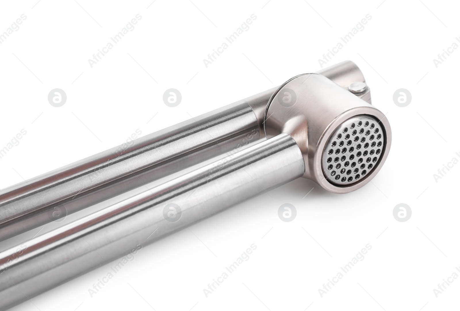 Photo of One metal garlic press isolated on white