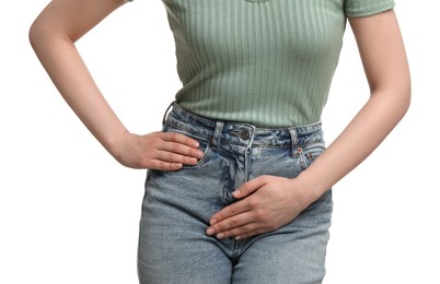 Photo of Woman suffering from cystitis on white background, closeup