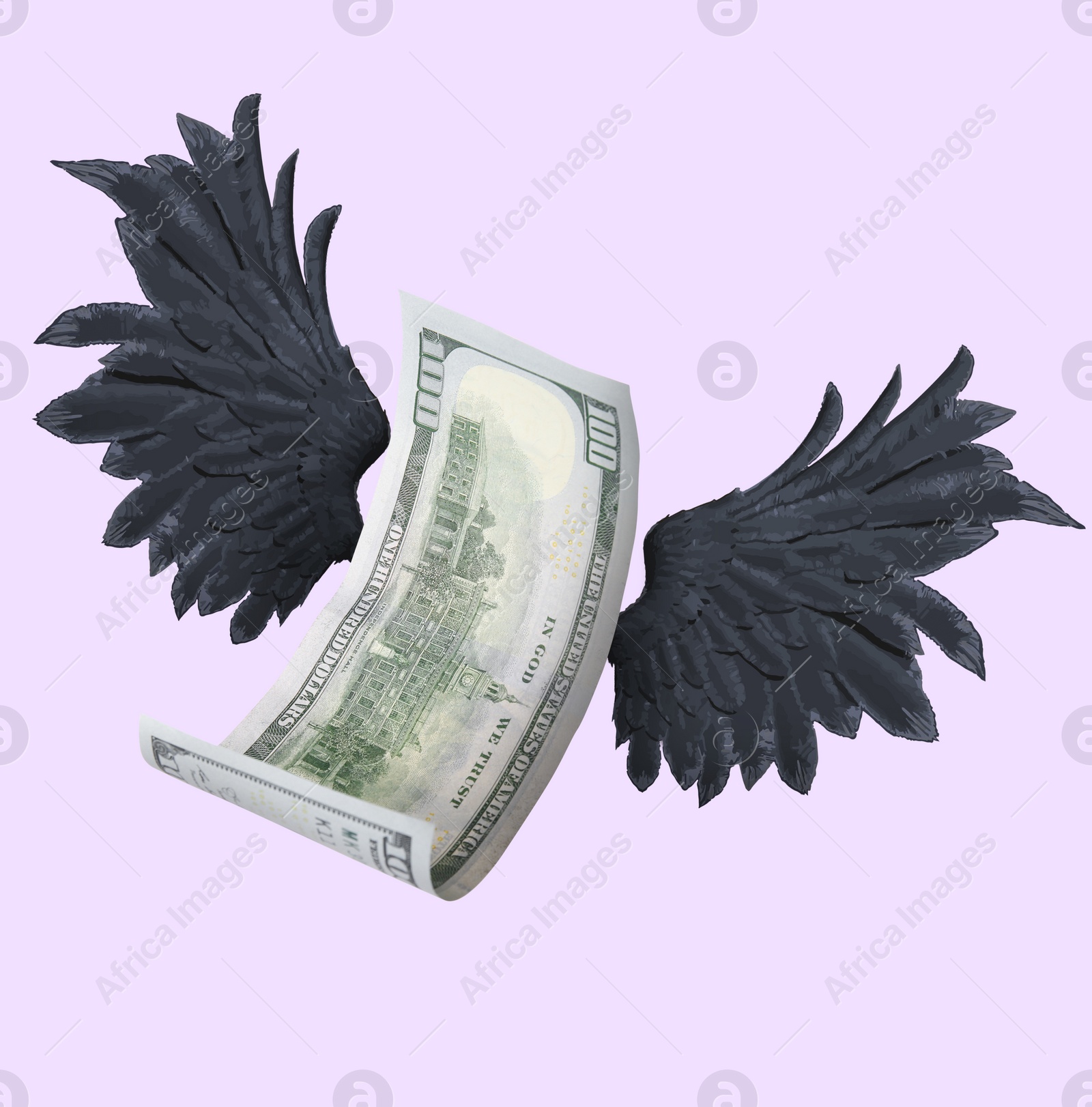 Image of One hundred dollar banknote with wings on lilac background