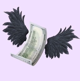 Image of One hundred dollar banknote with wings on lilac background