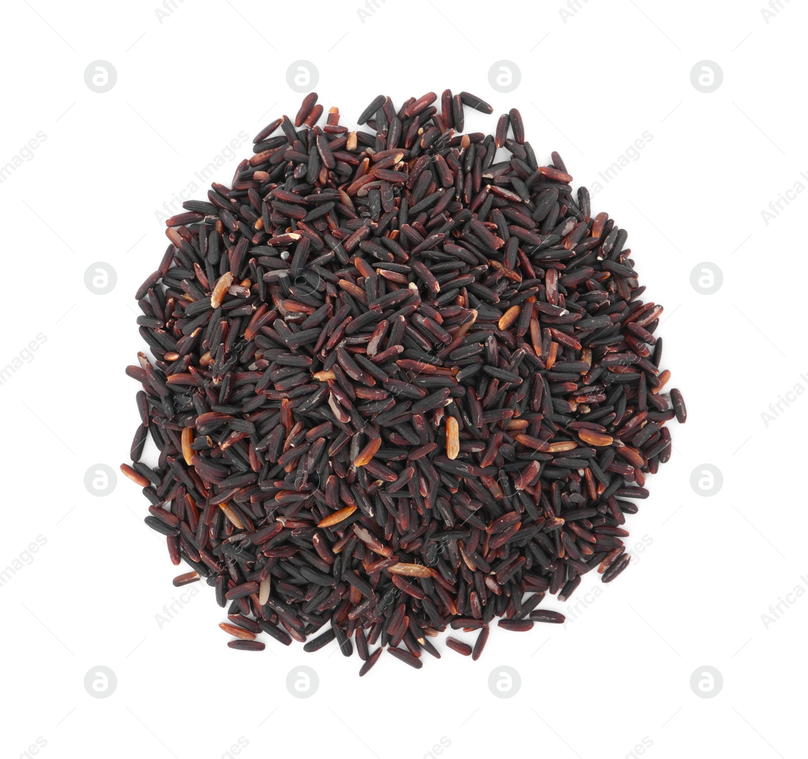 Photo of Pile of raw black rice isolated on white, top view