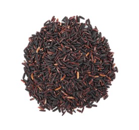 Photo of Pile of raw black rice isolated on white, top view