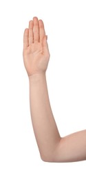 Photo of Woman showing hand on white background, closeup