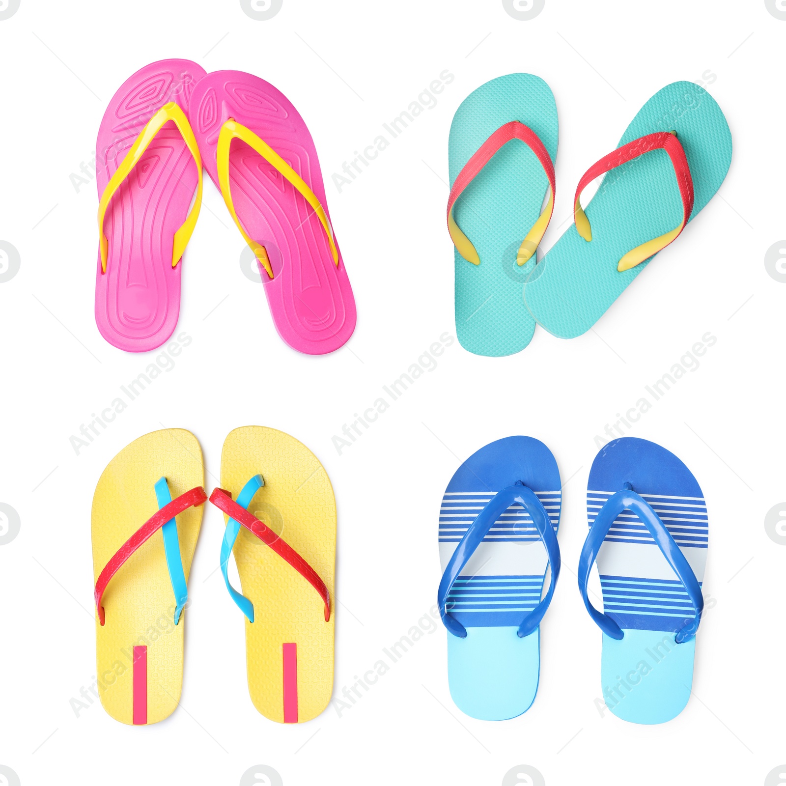 Image of Set with different flip flops on white background, top view 