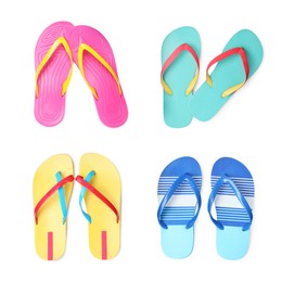 Image of Set with different flip flops on white background, top view 