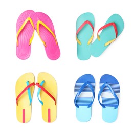 Set with different flip flops on white background, top view 