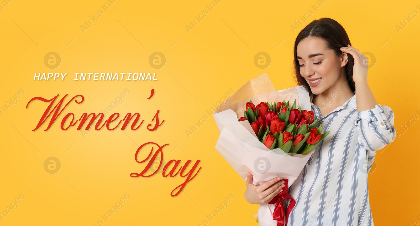 Image of Happy Women's Day, Charming lady holding bouquet of beautiful flowers on golden background