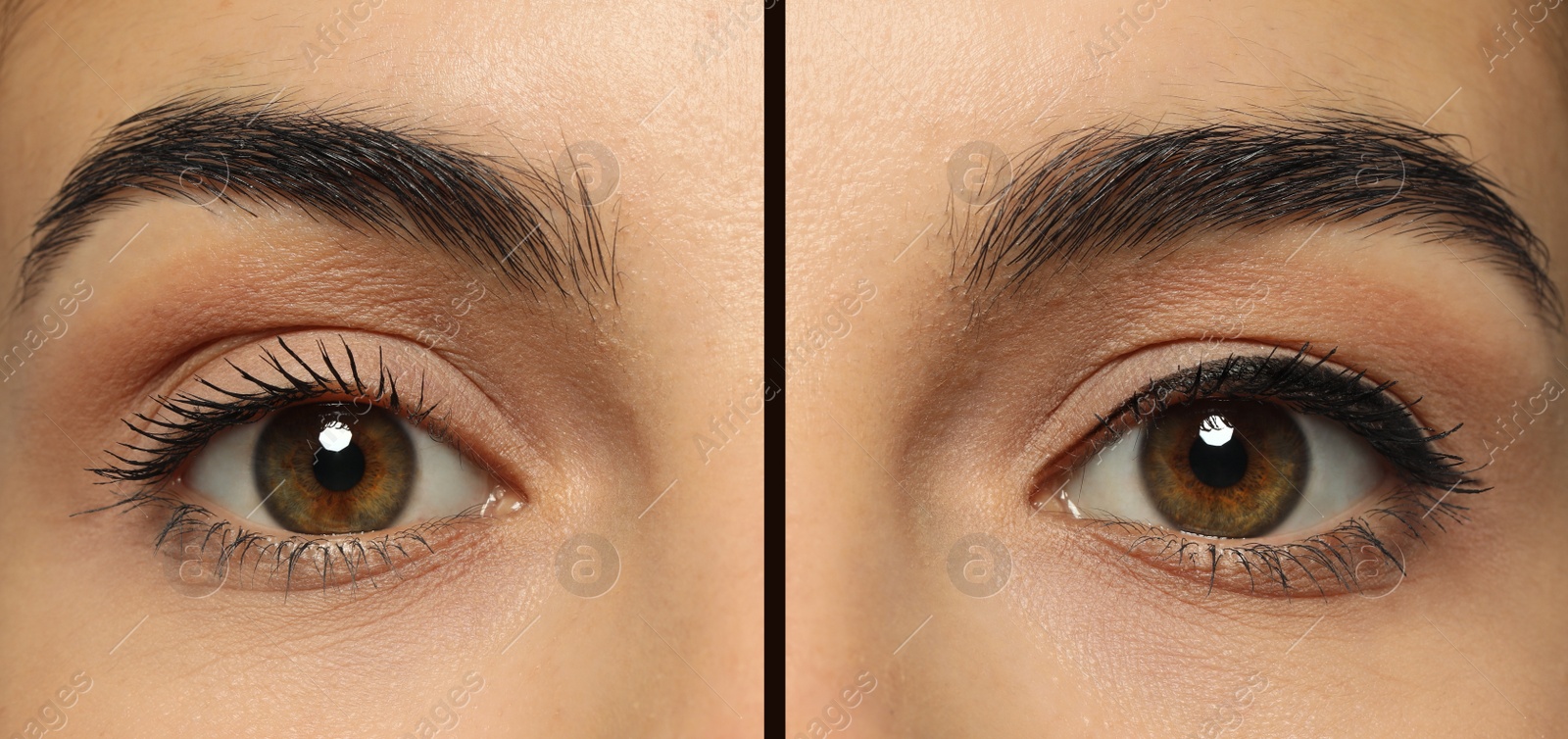 Image of Collage with photos of young woman before and after getting permanent eyeliner makeup, closeup. Banner design