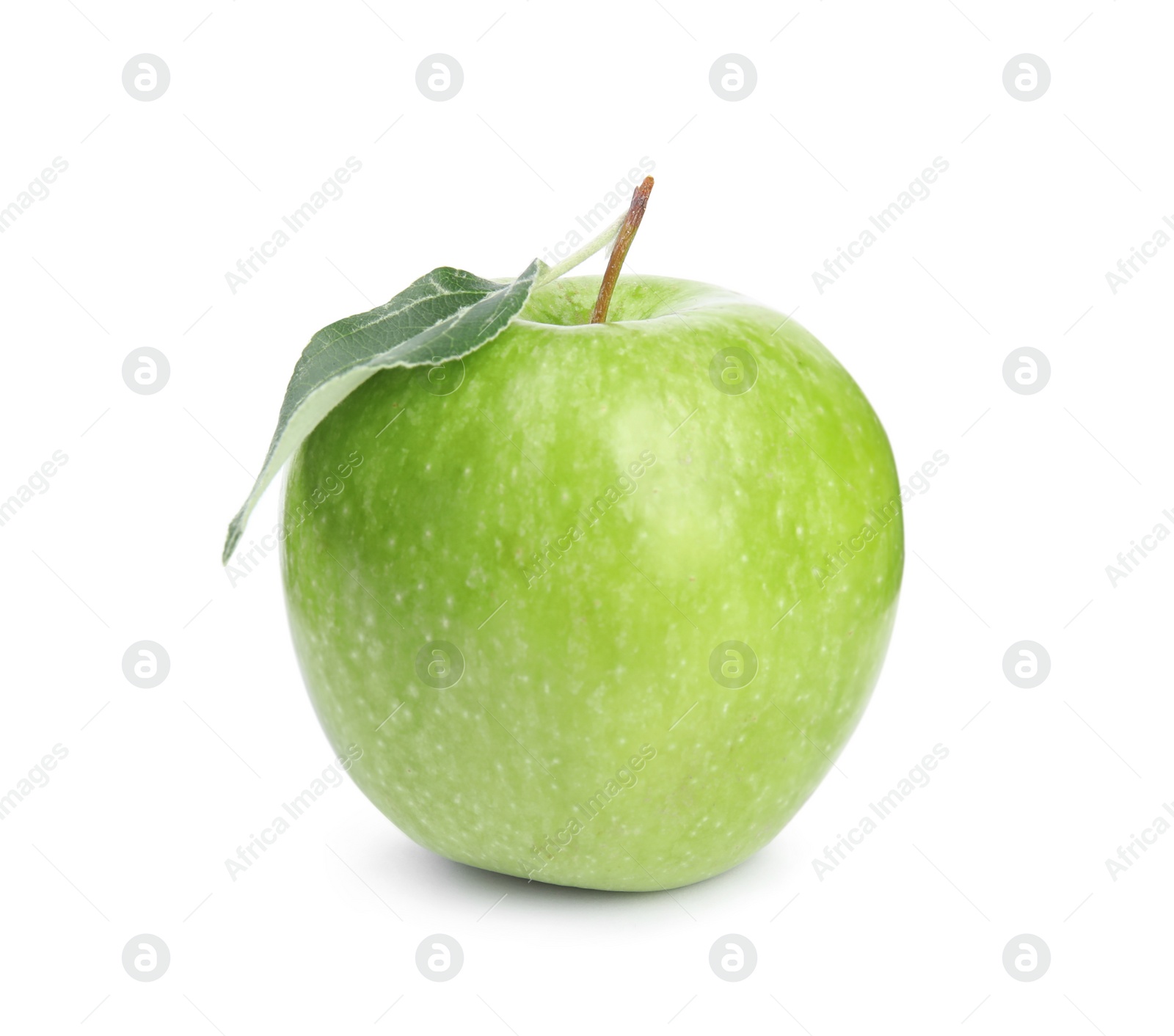 Photo of Fresh ripe green apple with leaf on white background