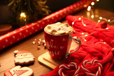 Photo of Tasty hot drink with marshmallows. Christmas atmosphere