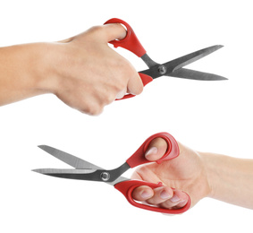 Collage of man holding sewing scissors on white background, closeup