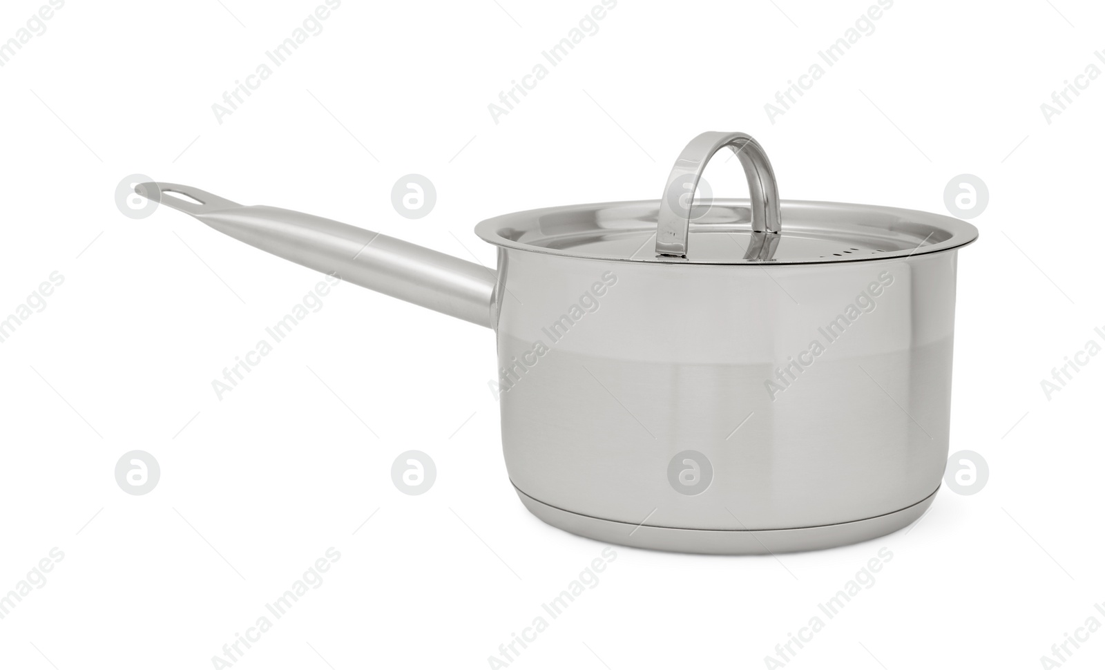 Photo of One steel saucepan with strainer lid isolated on white