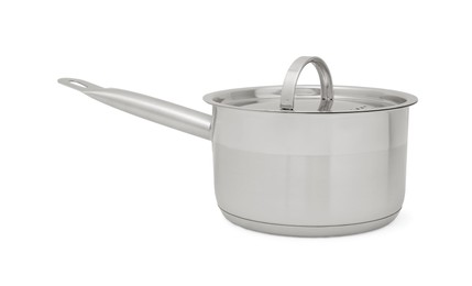 One steel saucepan with strainer lid isolated on white