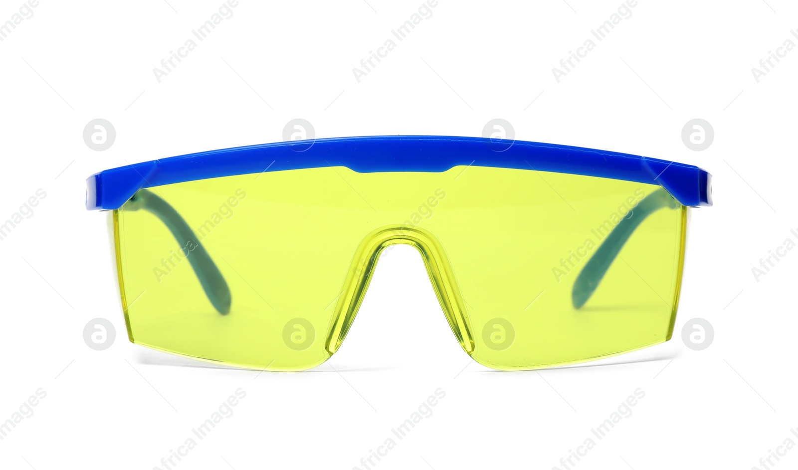 Photo of Protective goggles on white background. Construction tool