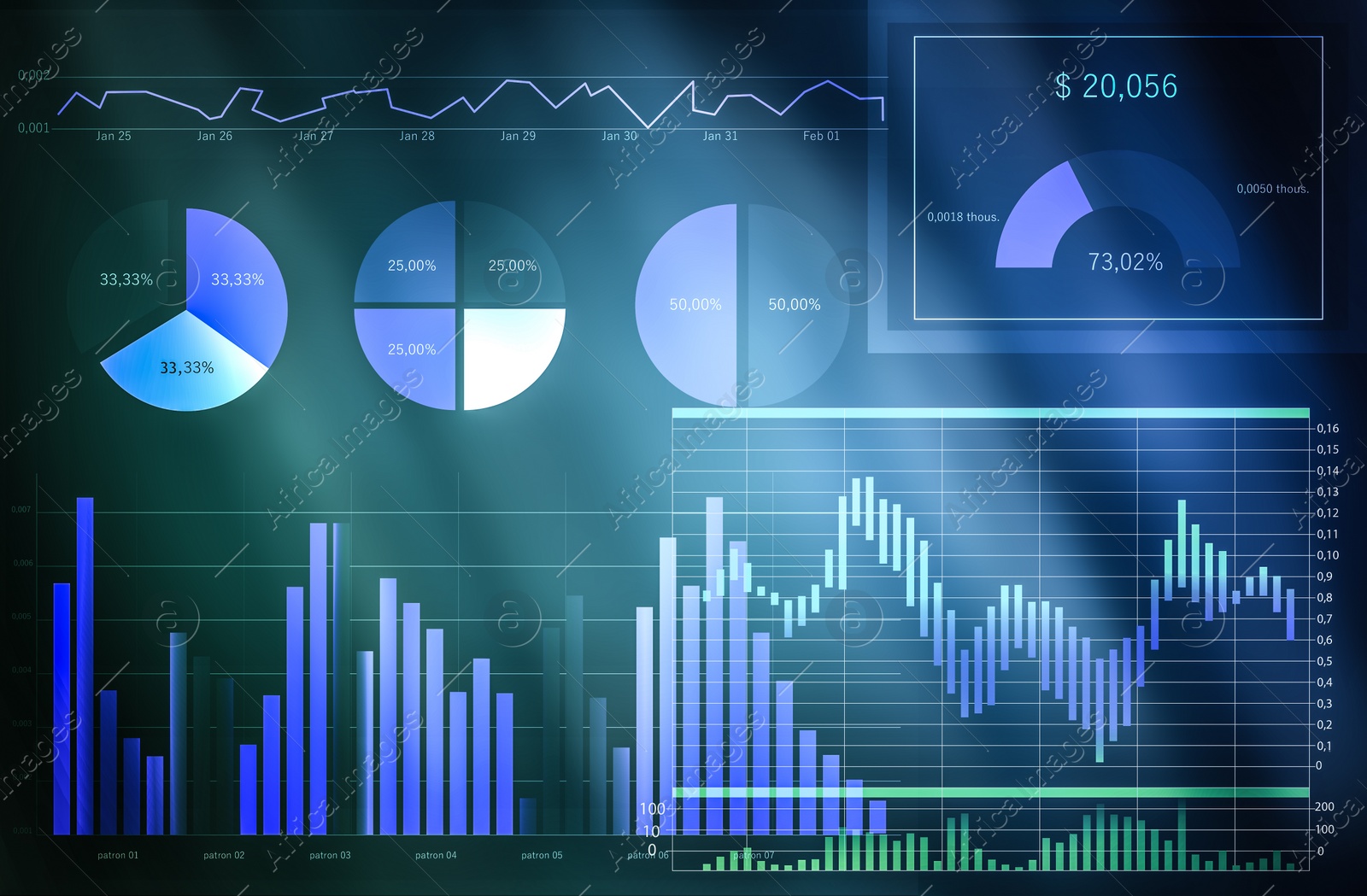 Illustration of Finance trading concept. Digital charts with statistic information on black background