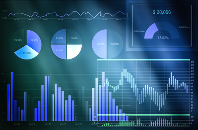 Illustration of Finance trading concept. Digital charts with statistic information on black background