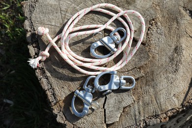 Climbing ropes with carabiners on tree stump, top view