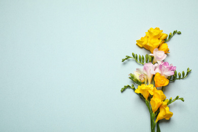 Photo of Beautiful blooming freesias on light background, flat lay. Space for text