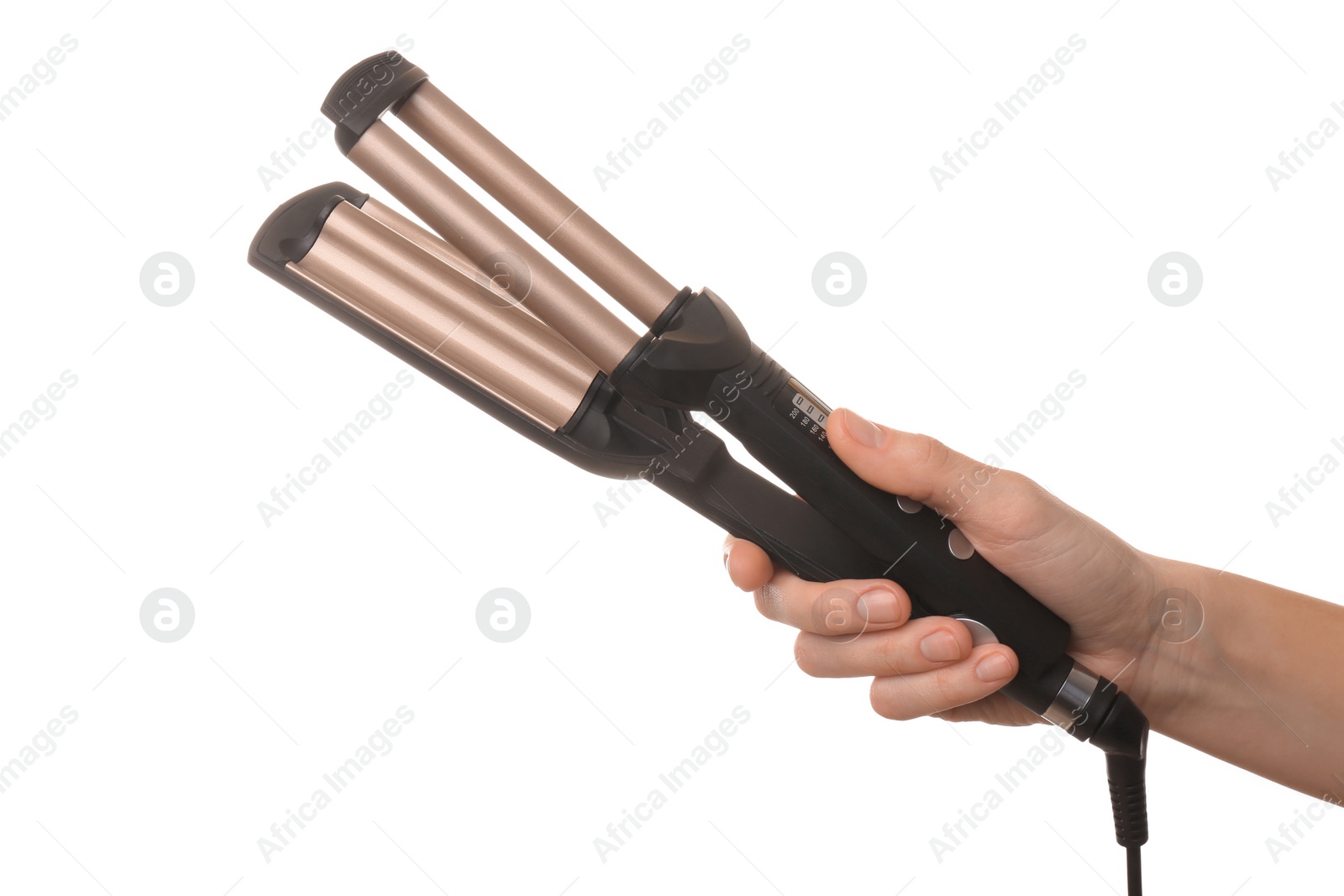 Photo of Woman holding modern triple curling iron on white background, closeup