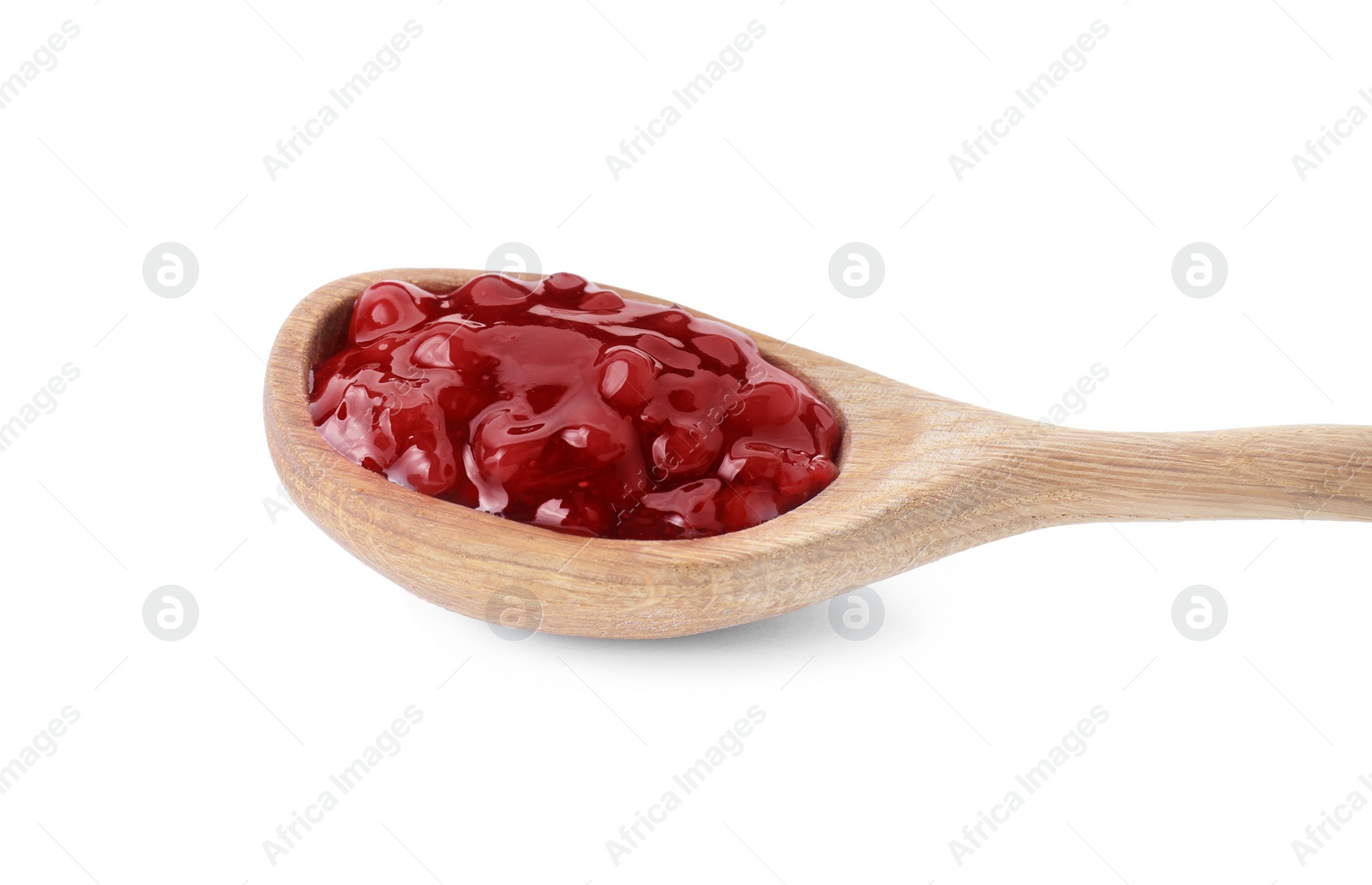 Photo of Spoon with fresh cranberry sauce isolated on white