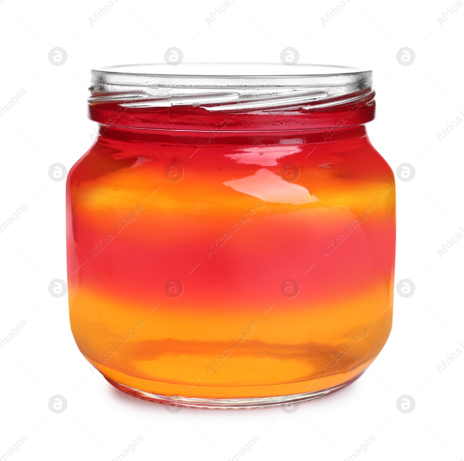 Photo of Tasty layered jelly dessert in glass jar on white background