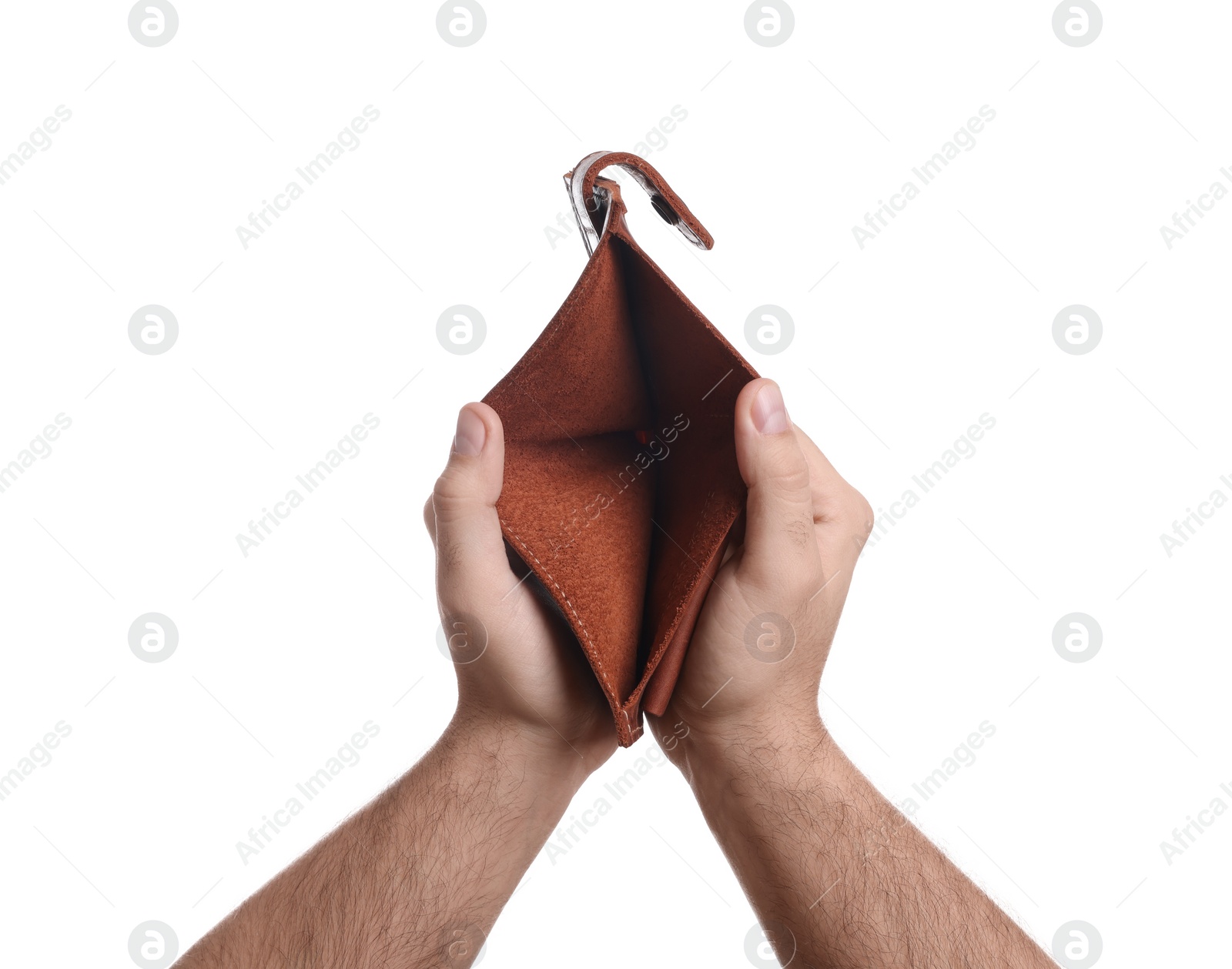 Photo of Man showing empty wallet on white background, closeup