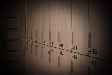 Many wooden lockers with keys indoors. Vignette effect