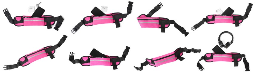 Image of Collage with pink waist bag (running belt) on white background, top view. Banner design