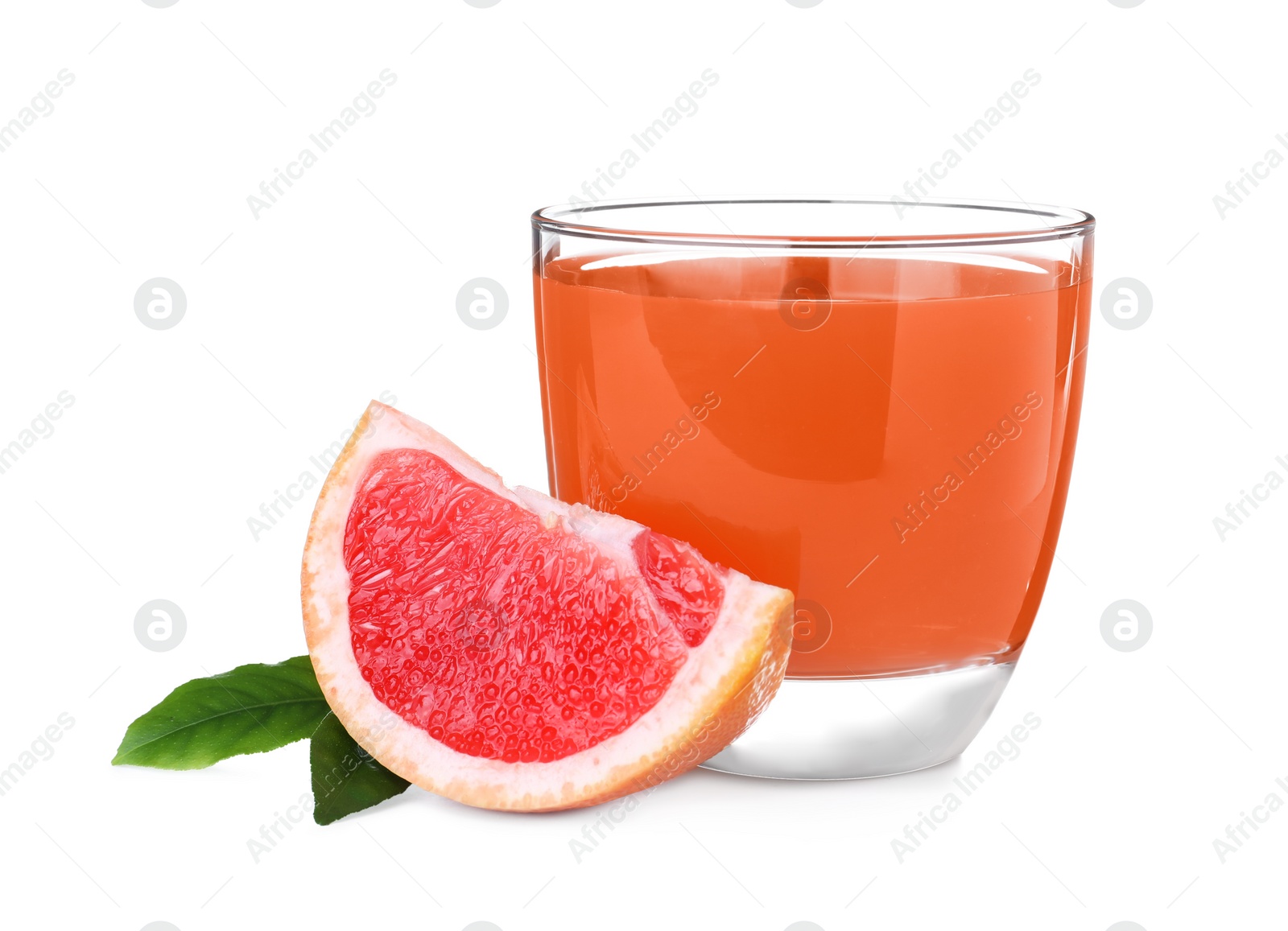 Photo of Tasty freshly made grapefruit juice and fruit on white background