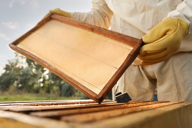 Photo of Beekeeper in uniform with honey frame at apiary, closeup