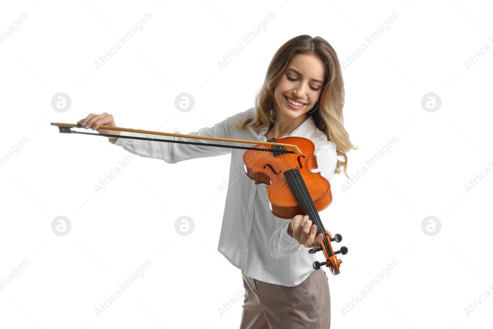 Photo of Woman playing violin on white background. Music teacher