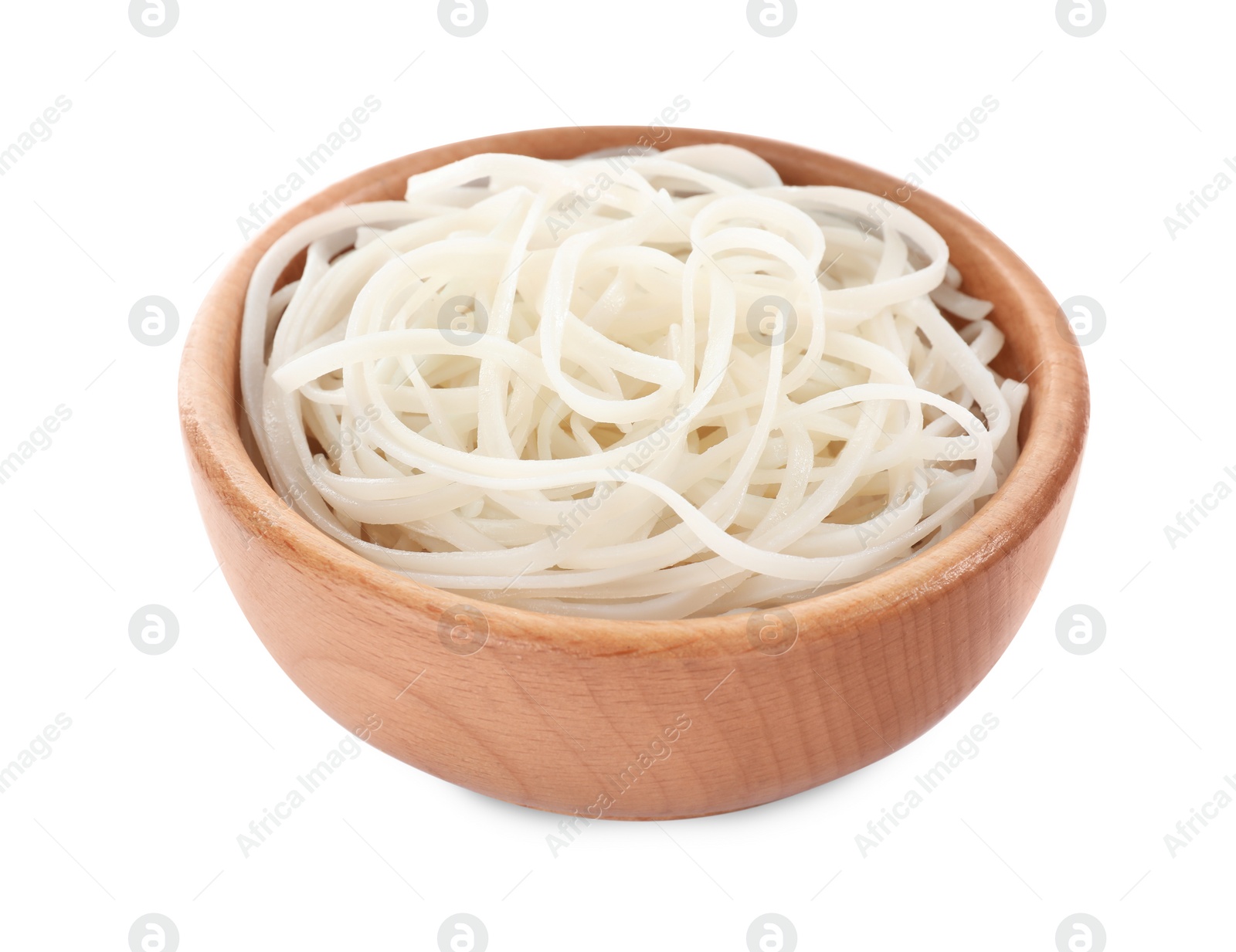 Photo of Wooden bowl of tasty cooked rice noodles isolated on white