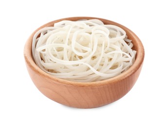 Photo of Wooden bowl of tasty cooked rice noodles isolated on white