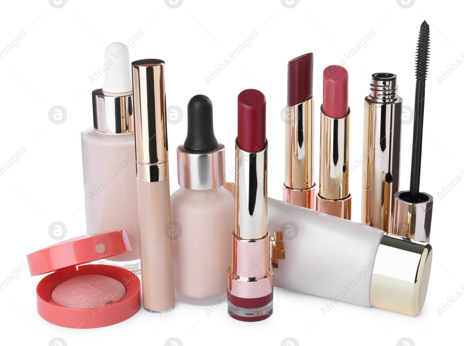 Photo of Different luxury cosmetic products on white background