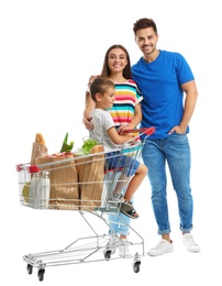 Happy family with shopping cart on white background