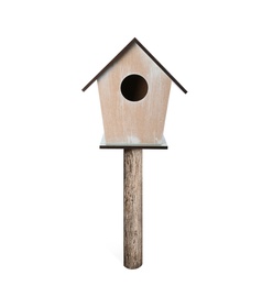 Beautiful wooden bird box isolated on white