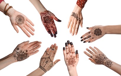 Image of Closeup view of women with henna tattoo on hands against white background, collage. Traditional mehndi ornament